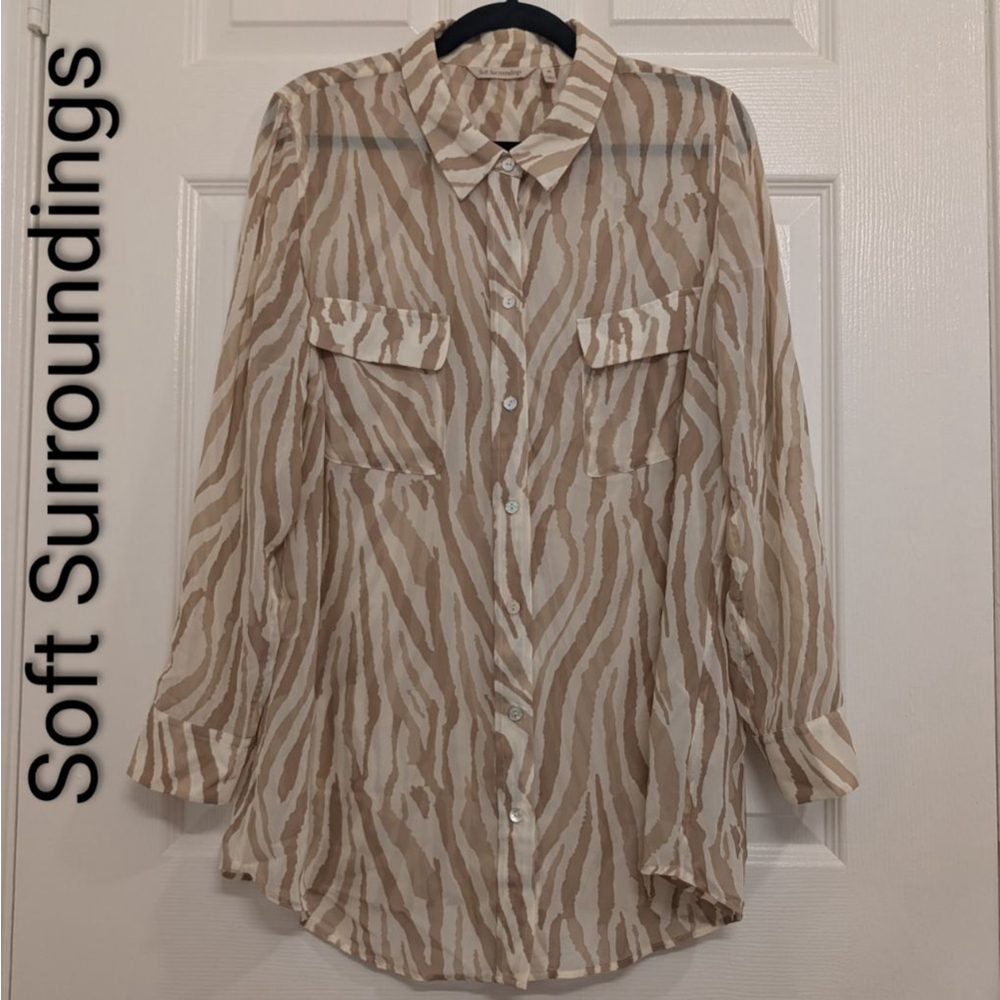 Women's Soft Surroundings Sheer Button Down Shirt XL Beige Cream Zebra Print